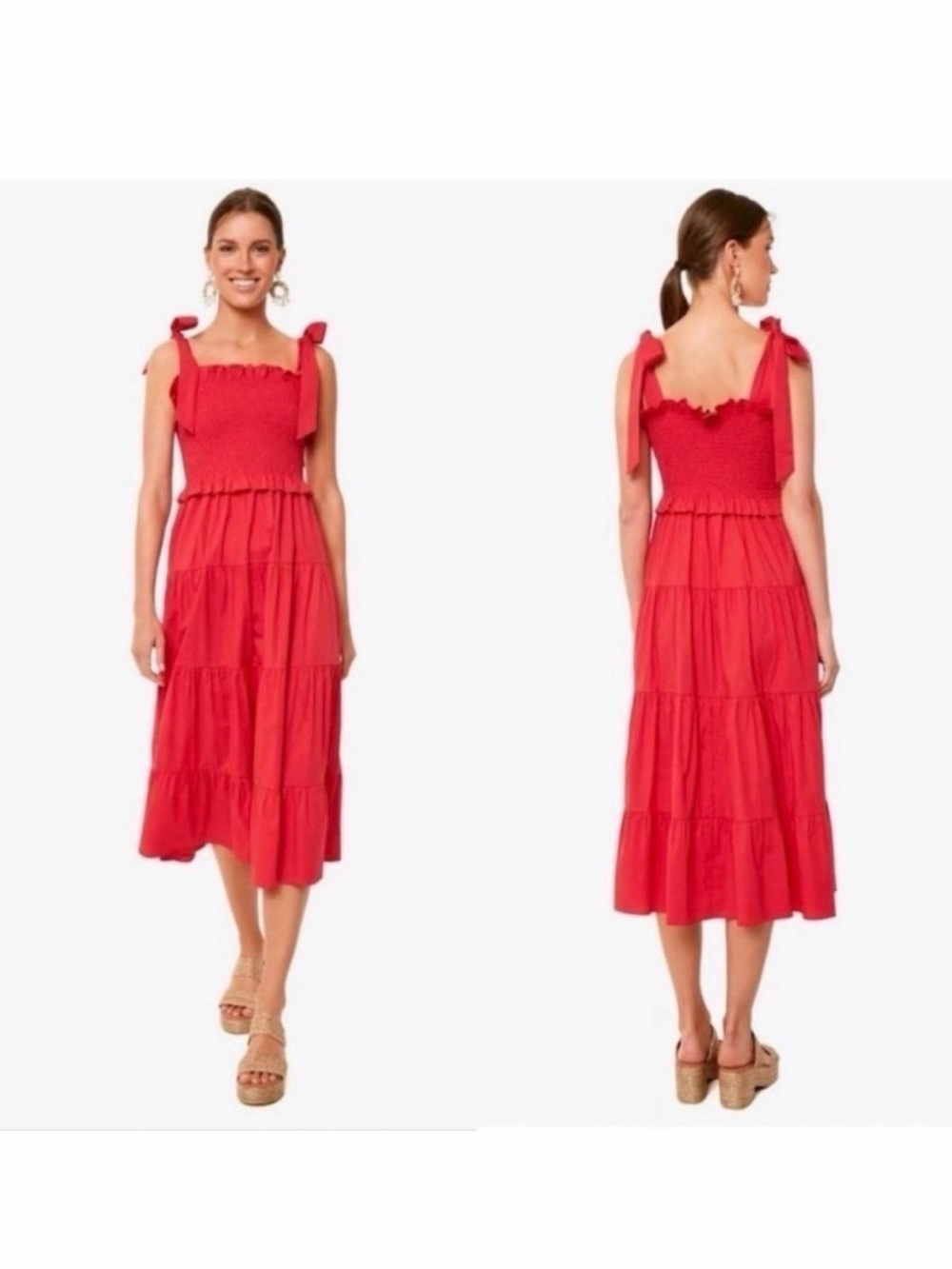 Tuckernuck cotton coral orange tiered tie straps midi dress